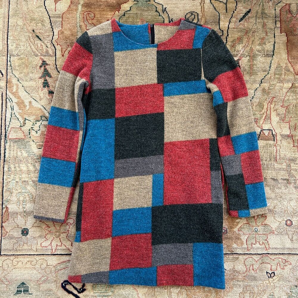 Color Block Wool Mini Dress retro 60s Women's Medium Long Sleeve